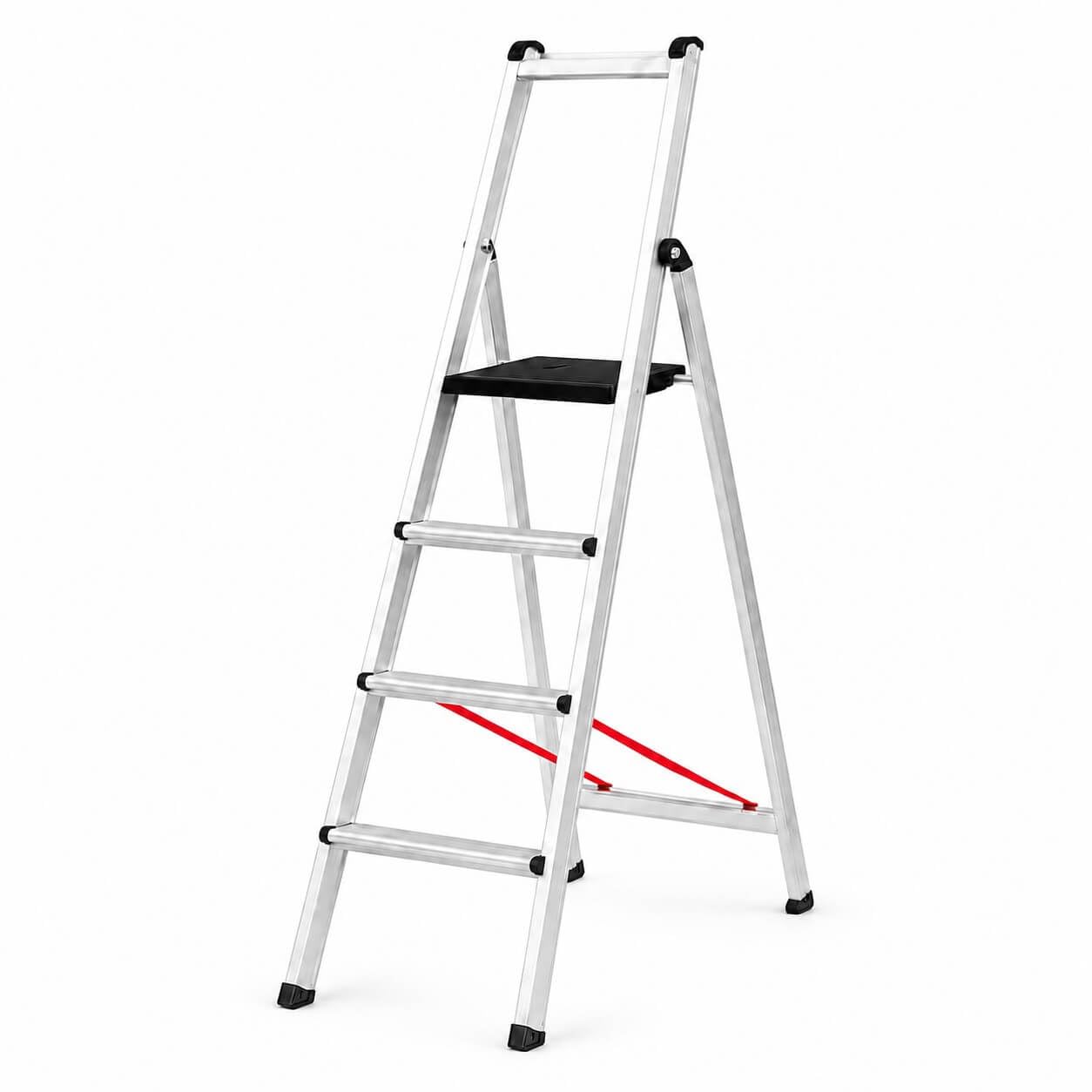 T-PRO-4x1 Escalera Profesional Reforzada de Aluminio con Arco de Seguridad, 4 Peldaños, Bandeja Porta Herramientas, 150 kg Capacidad