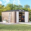 MXV 12 x 10FT Outdoor Storage Shed, Metal Garden Shed with Windows, Double Lockable Doors & Sloped Roof, Waterproof Tool Sheds for Backyard Garden Patio Lawn, Brown
