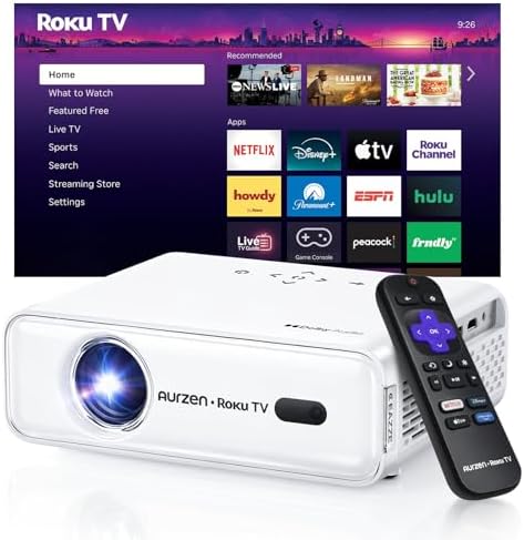 Aurzen Roku TV Smart Projector with Wifi and Bluetooth, Roku Streaming Experience Built-in, 1080P FHD, Dolby Audio, Auto Focus & Keystone, Zoom, Movie Portable Outdoor Mini Projector, White