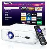 Aurzen Roku TV Smart Projector with Wifi and Bluetooth, Roku Streaming Experience Built-in, 1080P FHD, Dolby Audio, Auto Focus & Keystone, Zoom, Movie Portable Outdoor Mini Projector, White