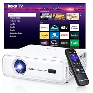 Aurzen Roku TV Smart Projector with Wifi and Bluetooth, Roku Streaming Experience Built-in, 1080P FHD, DoIby Audio, Auto Focus & Keystone, Zoom, Movie Portable Outdoor Mini Projector, White