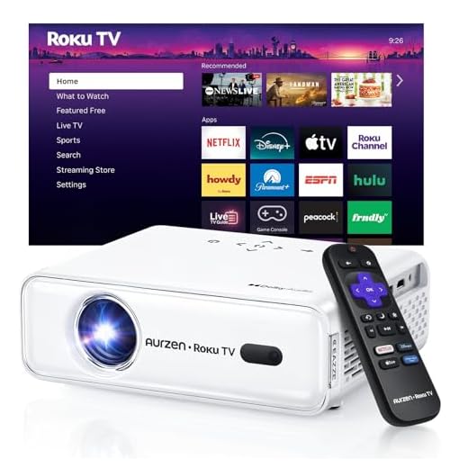 Aurzen Roku TV Smart Projector with Wifi and Bluetooth, Roku Streaming Experience Built-in, 1080P FHD, DoIby Audio, Auto Focus & Keystone, Zoom, Movie Portable Outdoor Mini Projector, White