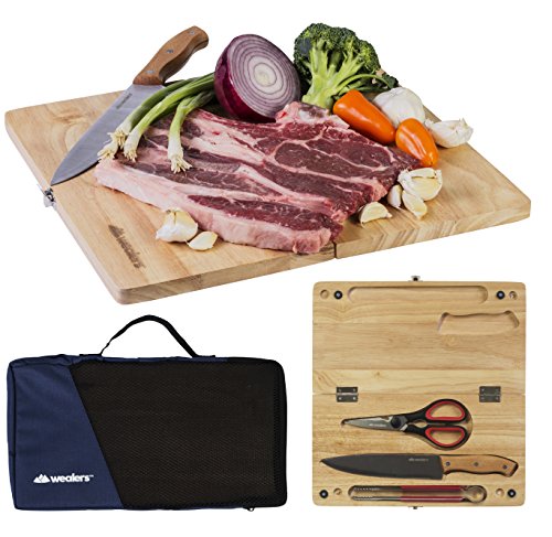 Wealers Kitchen Cutting Board Chopping Knife and Board Set Wooden Professional Knife with Foldable Board – Travel-Friendly Kit Ideal for Camping Picnics Durable Wood & Stainless-Steel (Large 5 Piece)