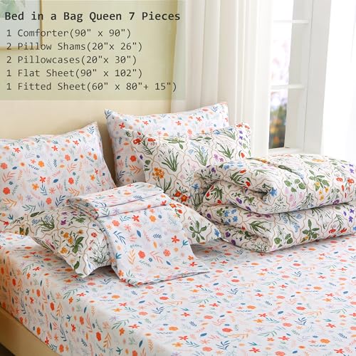 Image of lasoftan Floral Queen Comforter Set with Sheets, 7 piece Luxury Vintage Bedding, Soft Microfiber Bed in a Bag, Cozy Lightweight Bed Set, Green Patchwork Flower Leaf