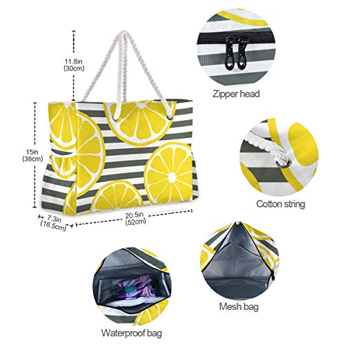 ALAZA Beach Bag, Summer Fresh Lemons and Black White Stripe Travel Tote Bags for Camping, Exercise3