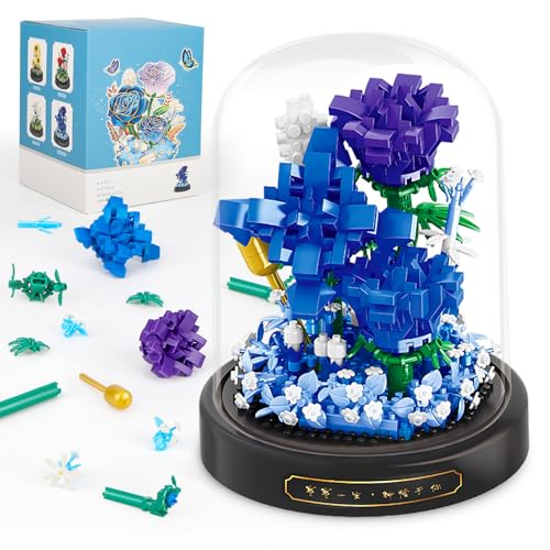 Image of QLT QIAOLETONG Flower Bouquet Building Set, 630 PCS Blue Rose Mini Building Blocks Kit for Adults, Flowers Botanical Collection for Home Decor, Mother's Day for Her Mom Women Wife Girlfriend