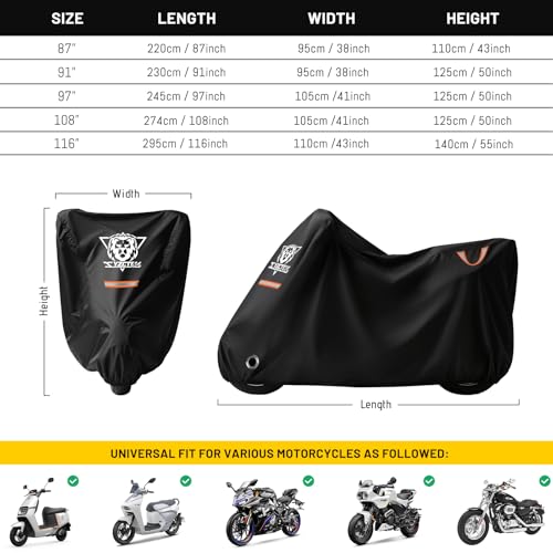 XYZCTEM Motorcycle Cover Waterproof Outdoor All Season Protection Motorcycle Storage Night Reflective Handles with Lock-Holes Storage Bag Fits up to 91\" Motorcycle Vehicle Covers, Black - Thumbnail 4