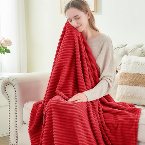 Image of BEDELITE Fleece Blanket King Size - 3D Ribbed Jacquard Soft and Warm Decorative Fuzzy Blankets - Cozy, Fluffy, Plush Lightweight Throw Blankets for Couch, Bed, Sofa(Red, 108x90 inches)
