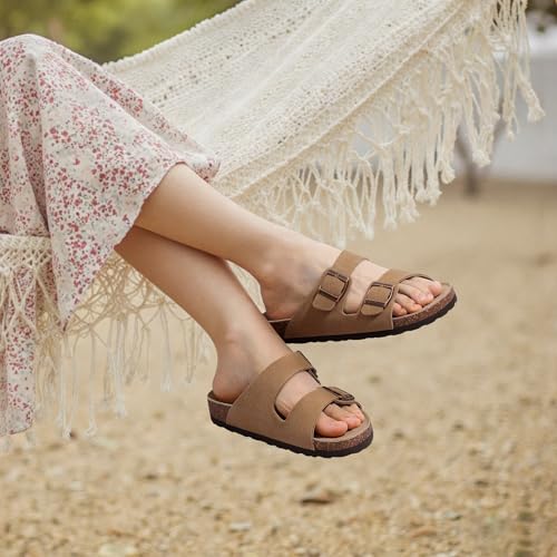 Image of KIDMI Unisex Summer Sandals Arch Support Cork Footbed Slide Sandals with Double Adjustable Buckle for Women Men