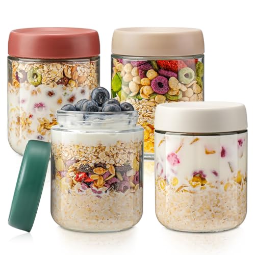 4 Pack Overnight Oats Jar Container, 17.5 Oz Glass Mason Jars with Leak-proof Lids, Yogurt Jars, Oatmeal Salad Jars, Clear Kitchen Food Storage Jars for Cereals Milk Fruit Condiment Dressing Sauce