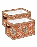 Anzona Burnt Orange Boho Storage Basket for Shelves, Southwestern Ethnic Floral Storage Cube Fabric Storage Bins, Closet Organizers with Handles...