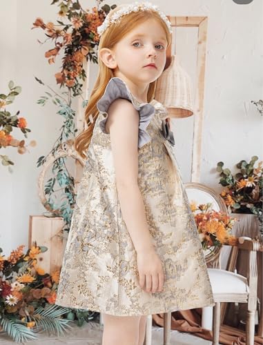 Girls Floral Dress Ruffle Sleeve A-Line Golden Jacquard Midi Dress for Girls Festival3