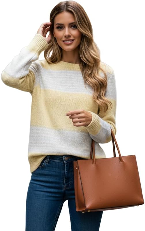 Women's Striped Knit Sweaters Color Block Long Sleeve Pullover Sweater