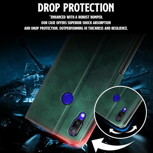 Image of WOW IMAGINE Shock Proof Flip Cover Back Case for Xiaomi Mi Redmi Note 7 | 7 Pro | 7S (Magnetic Button Flip Case | Wallet Pockets & Stand | Leather Finish | Forest Green)