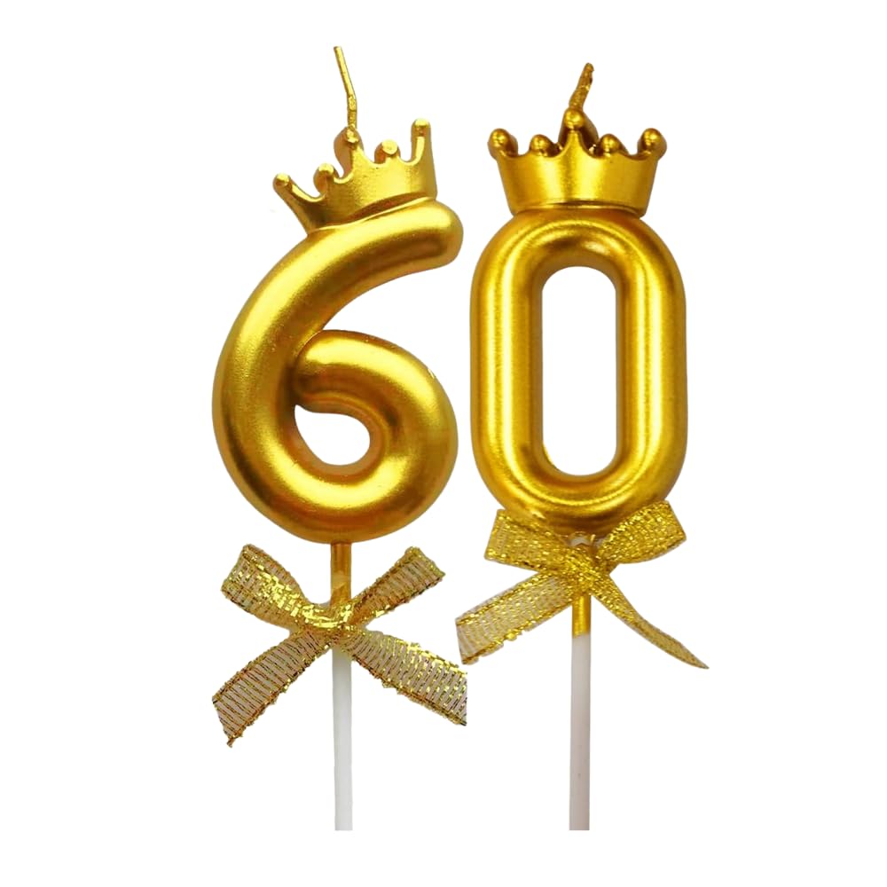 2 Pc 60 Number Candle for Birthday Cake Metallic 60th Birthday Cake Decoration Sixty Candle with Crown on Top Cake Topper 0-9 Number Candles for Anniversary (Pack of 2, Gold)