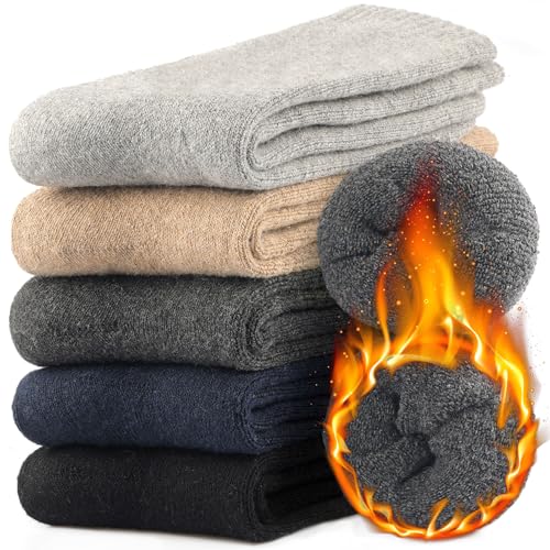 Wool Socks Mens, Warm Crew Merino Thermal Thick Hiking Boot Socks for Cozy Soft for Cold Weather 5 Pairs