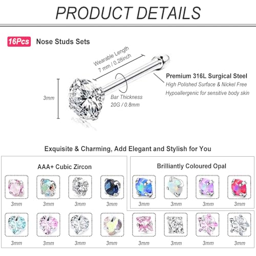 Nose Rings Studs for Women 16Pcs 18g/20g Nose Studs Hypoallergenic 316L Surgical Steel Nose Piercings Jewelry 3mm CZ & Opal Nose Ring L Shape Nose Stud 20 Gauge Nose Screw Studs2