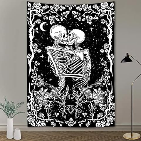 FEASRT Hippie Skull Kissing Tapestry, Small 40x60 Inches Soft Flannelette, Ancient The Kissing Lovers Skull Tapestry Mandala Skull Flower Tapestries Wall Hanging Decor for Dorm GTLSAY1041 Cover
