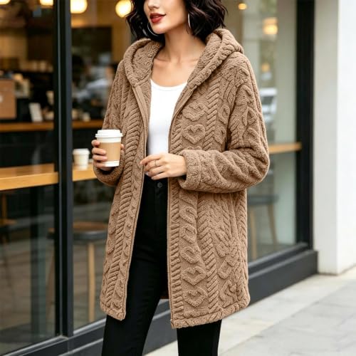 Womens Hooded Sherpa Cardigan Jacket Zip Up Jacquard Textured Long Coat - image 5