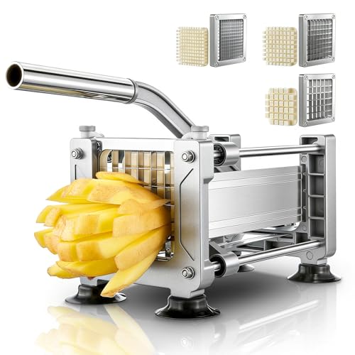 FOHERE Professional Potato Chipper French Fry Cutter with Ultra-Sharp Stainless Steel Blades Heavy Duty Aluminum Alloy Vegetable Slicer Commercial Grade Chips Maker for Fruit & Veg