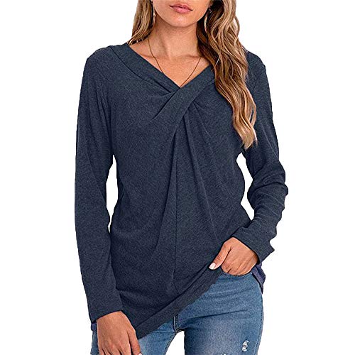 Mujeres Casual Cuello en V Nudo Cruzado pul�ver Color s�lido Suelta c�moda Camisa Blusa de Manga Larga (Azul, L)