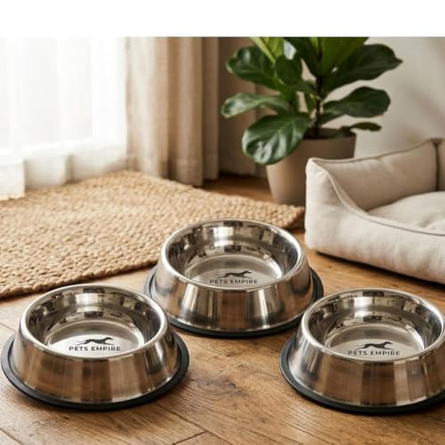 Image of Pets Empire Dog & Cat Bowls Stainless Steel, Pack of 3, Anti-Skid Feeding Bowls for Food & Water, Heavy Duty Metal Pet Bowl, Rust Proof, Dishwasher Safe for Puppies, Cats & Dogs (3, 2500 ML)