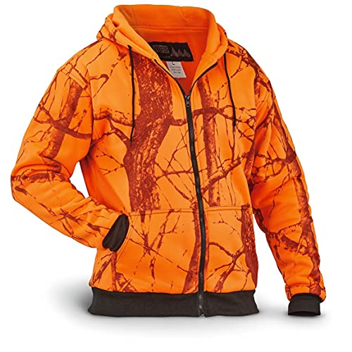 Men's Thermal Lined Fleece Blaze Orange Camo Hooded Sweatshirt, Blaze Camo, XL