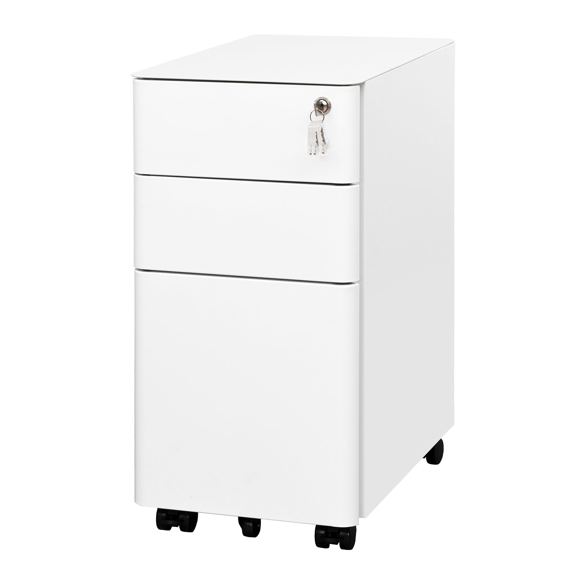 LVSTEEL Lockable 3-Drawer Metal Filing Cabinet on Wheels, Fully Assembled Mobile Office Storage for A4/Letter/Legal, Under Desk Filing Cabinets for Home Office, White