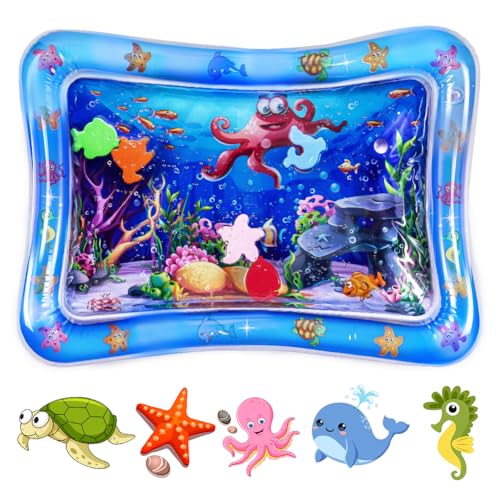 Aolso Almohadilla Agua Inflable,Alfombra Inflable con Agua Tema Oceánico,Alfombra de Agua para Bebes,Cojín de Agua Inflable con Espejo y Sonajero para Bebé,Cojín Colchones de tiempo boca abajo Bebés