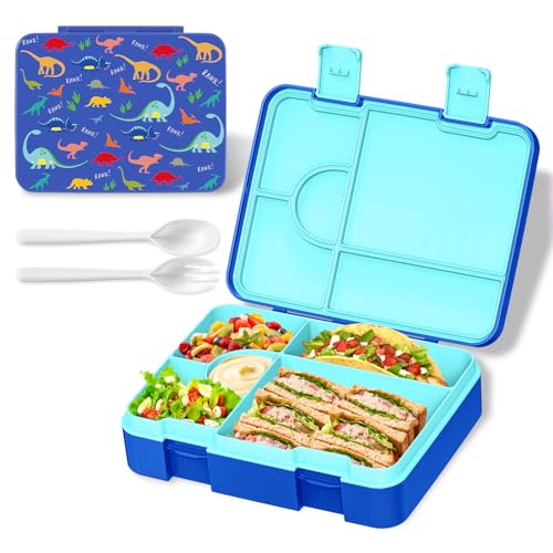 Image of Bento Lunch Box for Kids, Leak-Proof 5-Compartment Cute Lunchbox for Boys Girls, Drop-Proof, Food Container Microwave & Dishwasher Safe, Back to School Supplies for Ages 3 to 7, Blue /Dinosaur