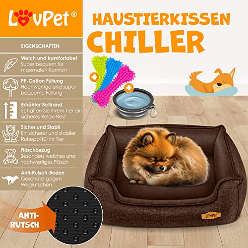 Lovpet® Hundebett Hundekissen Hundekorb Chiller, Inkl. Napf + 3X Kauknochen, Hundesofa Kissen für Kleine, Mittelgroße & Große Hunde, Bezug abnehmbar und waschbar, L 90 x 75 x 25 cm Braun