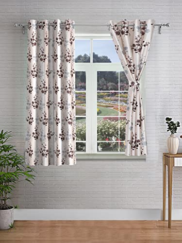 Image of Cortina 2 Piece Leaf Design Panel Eyelet Polyester Window Curtains - 5 Feet, Brown & Cream