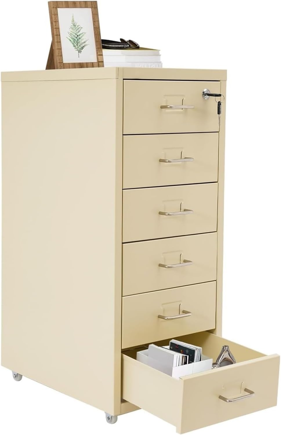 File Cabinet 6 Drawer, Lockable Office Metal Filing Cabinet with Name Card for Office and Home, Assembly Required, with Wheels & Label Frame，Beige