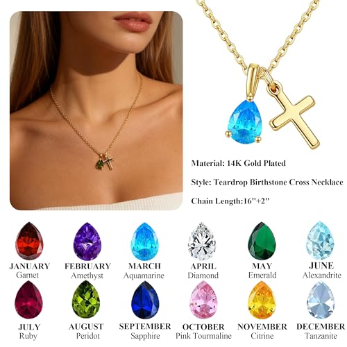 MOJOROUS 14K Gold Plated Birthstone Cross Necklace for Women Daughter Christian Birthday First Communion Confirmation Gift 16 + 2 Inches by MOJOROUS - Used condition - Image 3