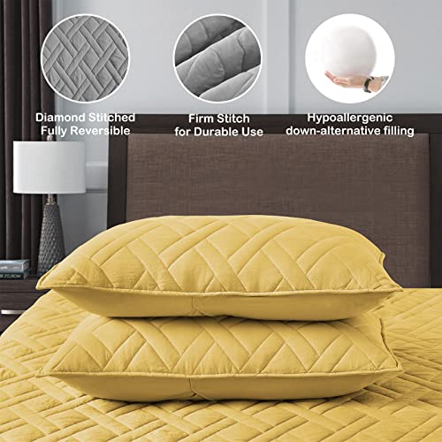Quilt Set Queen Size Yellow, Classic Geometric Diamond Stitched Pattern, Ultra Soft Lightweight Bedding Set Quilted Bedspread Coverlet For All Season 3 Pieces (1 Quilt And 2 Pillow Shams) #TOP3