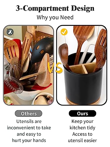 Image of LoeJan 3 Compartment Utensil Holder, Extra Large Utensil Crock, Stable Ceramic Utensil Organizer, Cooking Tool Organizer Set for Kitchen Counter Farmhouse Decor (D-Black(Grossy))