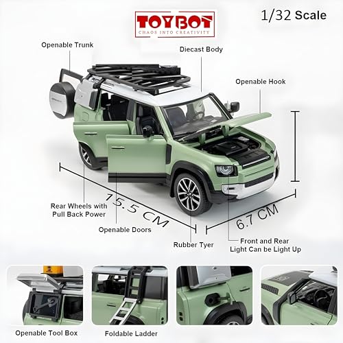 Image of 1:32 Scale Land Rover Defender Model Car - Exclusive Alloy Metal Pullback Toy with Openable Doors, Lights, and Music for Kids (Green Colour)