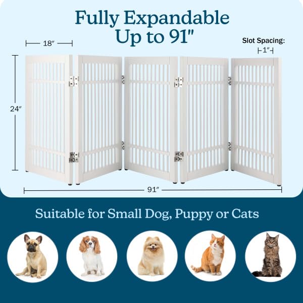 Freestanding Dog Gate - 5-Panel Foldable Indoor Pet Fence - 91x24-Inch Extra Wide Wood Dog Gate for Stairs, Hallways or Doorways by PETMAKER (White)