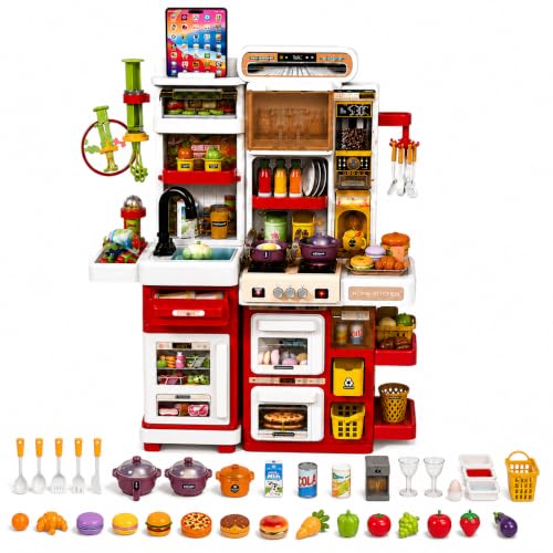 Image of Dream Kitchen Playset for Kids, 65 Piece Pretend Kitchen Set with Cycling Water Sink, Steam Effect, Lights & Sounds, Toy Stove, Oven, Utensils, Food Accessories, 64 cm