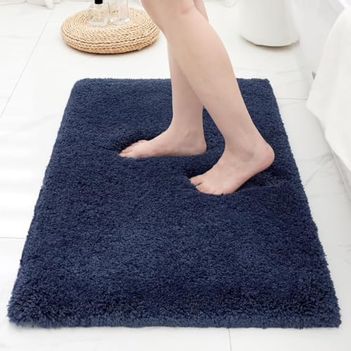 Ruggnovea Bathroom Rugs Non Slip Washable Ultra Thick Soft Microfiber Absorbent Bath Mats High Density Foam Latex Non Slip Backing Bath Rugs Fluffy Floor Carpet for Tub&Shower 24x17 Navy