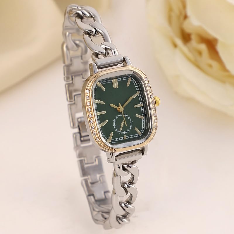 Image of Haute Sauce Women's The Churchford Rectangular Watch | Silver Stainless Steel Strap | Emerald Green Dial | One-Size | Foldover Closure | Quartz | Analogue | Wrist Belt Watch for Female & Girls