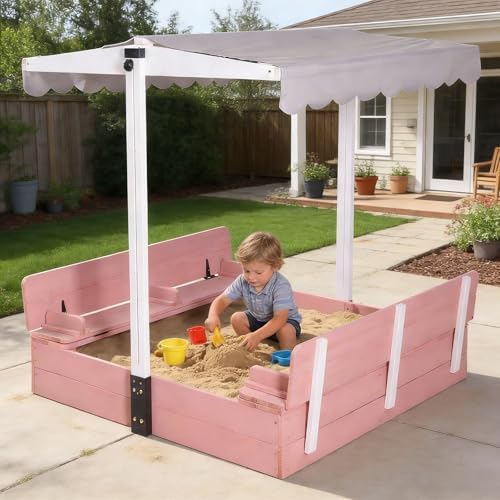 Sandbox for Kids with Adjustable Canopy, Wooden Sand Box with 2 Foldable Seats, Sandbox with Lid Outdoor (Pink)