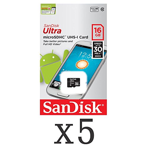 SanDisk Ultra 16GB microSDHC UHS-I C10 Memory Card 30MB/S SDSDQL-016G-G35 (Pack of 5)