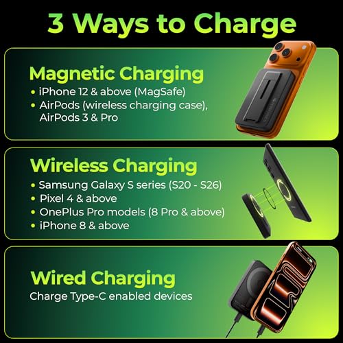 Image of Zebronics 10000mAh MagSecure Compatible Powerbank, 15W Wireless Charging, 22.5W Rapid Charging, Type-C PD Input & Output, Built-in Stand, LED Indicator, Multi-Protection (EnergiSafe 10R5, Black)