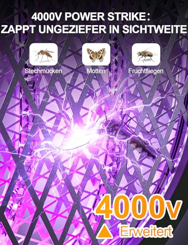 WOCVRYY Elektrische Fliegenklatsche Extra Stark 4000V 1800mAh 3 in 1 Akku Aufladbar Elektro Mückenklatsche mit Type C Wiederaufladbarer LED-Licht Fly Fliegen Killer Zusammenklappbar für Indoor Gärten