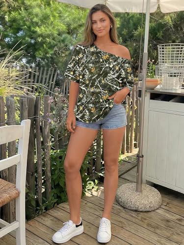 Image of Trendy Queen Womens Off the Shoulder Tops Oversized Summer T-Shirts 2026 | Breathable Strenchy Comfort Material Short Sleeve Basic Oversized Tees Casual Workout Gym Y2k Going Out Clothes