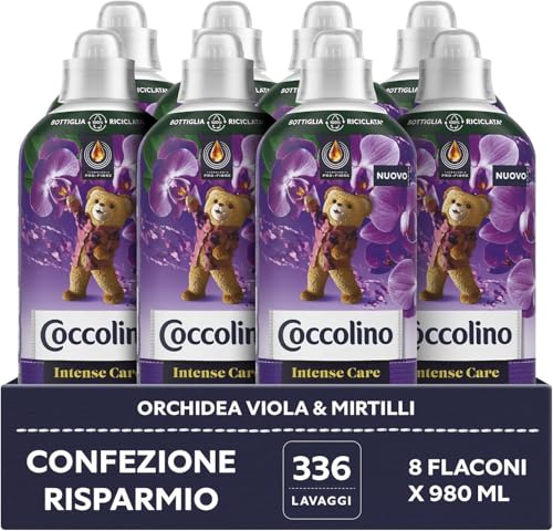Coccolino Suavizante concentrado orquídea violeta y arándanos, suavizante para lavadora Intense Care con tecnología Pro-Fibre, formato hasta 336 lavados, 8 unidades de 980 ml