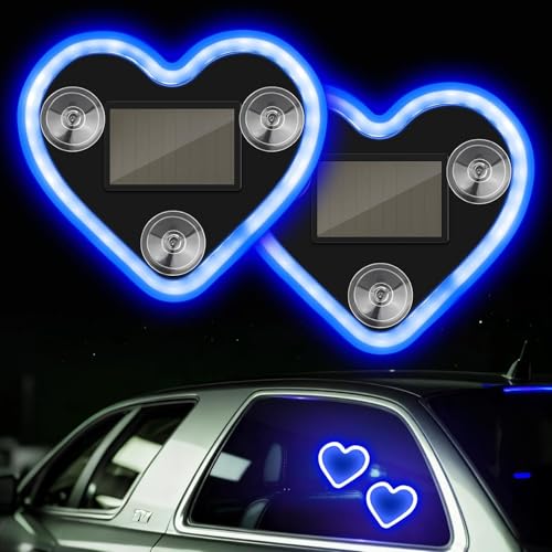 Image of Solar LED Car Window Light Heart Shape with Suction Cups - Automatic Light Sensor Neon Car Decoration Lamp for Rear Window Interior | Vibration Activated Blue Glow Decor for Cars, SUVs
