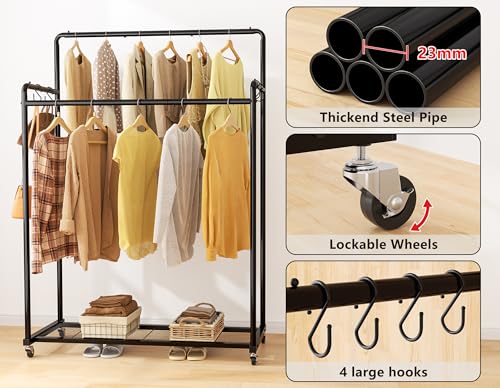 HOMIDEC Clothes Rail,Metal Clothes Rack with Hooks, Double Rads Heavy Duty Clothing Rail for Bedroom,Portable Clothing Rack Clothes Storage Shelf,Hold up to 85 kg,Blcak - Image 3