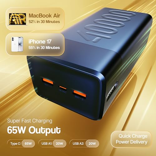 Image of Ambrane Semi Solid Battery Powerbank 40000mAh, New Battery Technology - Extremely Safe with Negligible Fire Risk, 65W Fast Charging - Macbook, Type C Laptop, Mobiles, Other Devices (Stellar 40K,Green)